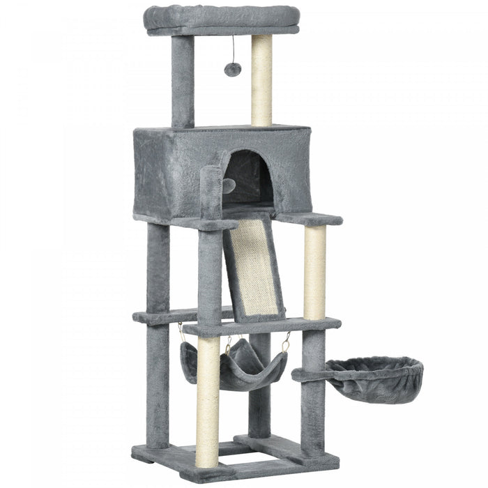 Pawhut 55\" Arbre A Chat D'interieur, Tour De Chat, Centre D'activites Pour Chats Avec Rampe De Lit Pour Chat Condo Hamacs Balancoires Suspendues Jouets Sisal Corde A Gratter, Gris