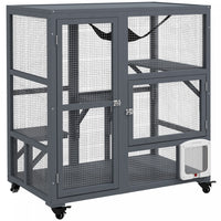 Pawhut Niche En Bois Pour Chats D'interieur, 3 Niveaux, Villa Pour Chat Sur Roulettes Avec Porte A C
