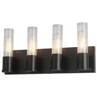 Lumière de coiffeuse Tube de Dainolite en verre cannelé transparent, avec fini noir mat et 4 ampoules