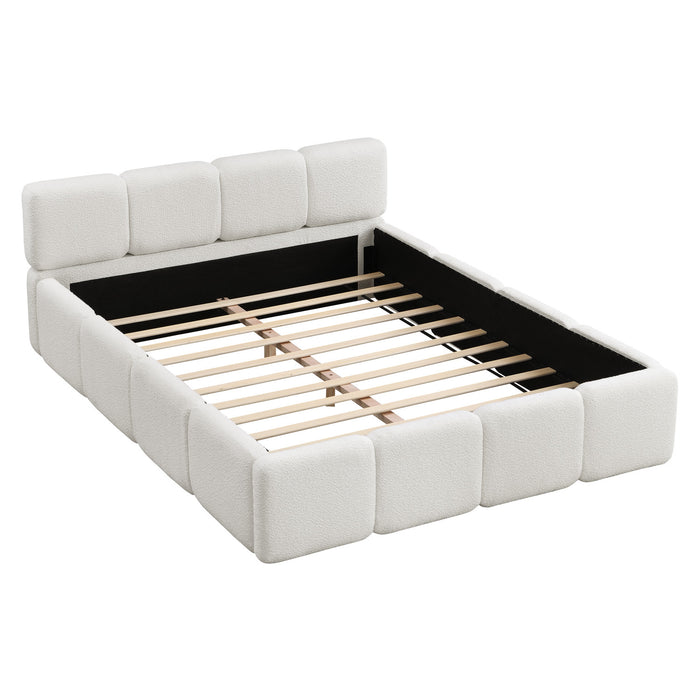 Lit plateforme Aiden avec cadre rembourre de soutien en tissu boucle, taille King, blanc