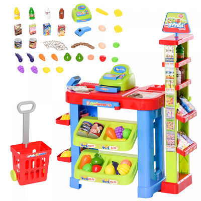Qaba Supermarket Playset For Kids, 50 Grocery Store Toys, Pretend Play Toy With Food, Check-out Coun|Qaba Set De Jeu Supermarche Epicerie Magasin Jouet Simulation Avec Panier Scanner De Travail Caisse