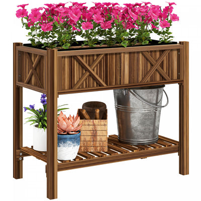 Outsunny Wooden Raised Planter Box, Flower Bed, 34"x18"x30", Carbonized
