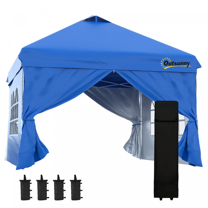 Outsunny Tonnelle Barnum Tente D'auvent Pop Up 10' X 10', Tente D'abri Instantanee Avec Parois Laterales, Fenetres, Sac A Roulettes Pour Jardin, Terrasse, Bleu