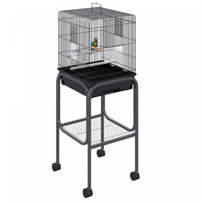 Pawhut 44,5\"h Support De Spot De Jeu Pour Perroquet En Metal Avec Cage A Oiseaux Avec Etagere De Rangement Pour Roues Multi-portes Noir
