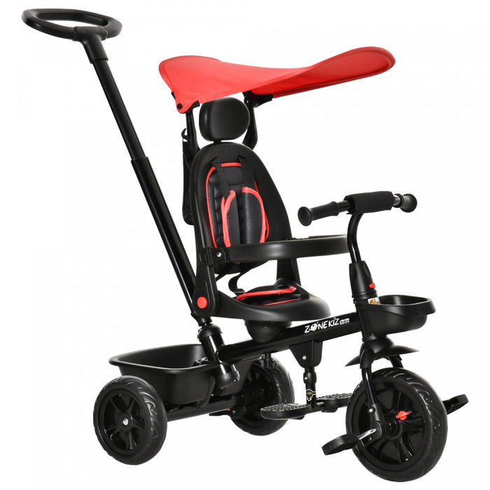 Qaba Tricycle Enfants Evolutif 4 En 1 Canne Telescopique Amovible Et Pare-soleil Pliable Demontable Angle Du Dossier Reglable Siege Pivotant Sac Et Paniers Integres Metal 44\" X 20.5\" X 38.5\" Rouge