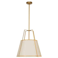 Luminaire suspendu Trapezoid de Dainolite avec abat-jour trapézoïde doré et crème qui diffuse la lumière, tissu blanc et 3 ampoules