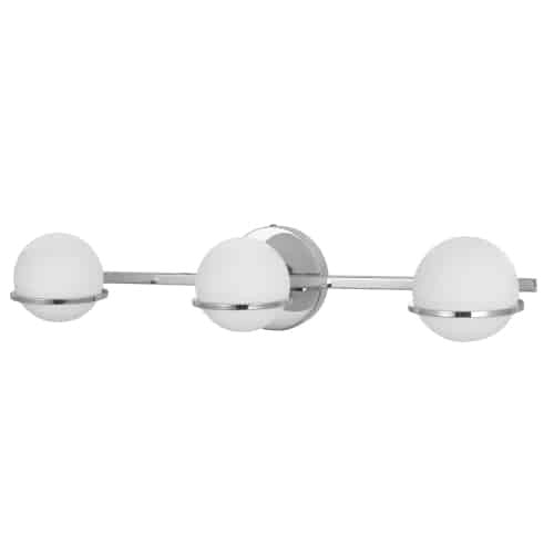 Lumière de coiffeuse Sofia de Dainolite en verre blanc, avec fini chromé poli et 3 ampoules