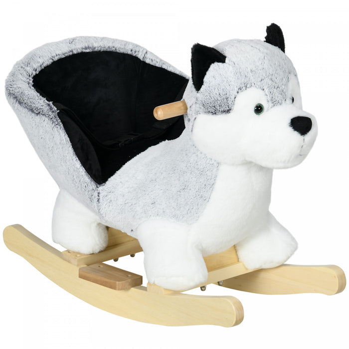 Qaba cheval A Bascule En Peluche Pour Enfants, Jouet A Bascule En Peluche En Forme De Husky Avec Des Sons Realistes, Base En Bois, Ceinture De Securite, Pour Enfants De 18 A 36 Mois, Gris