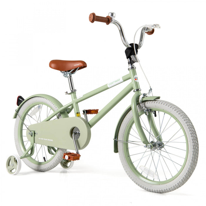 Costway 18\" Velo Pour Enfants Avec Guidon Reglable De Selle Roues D'entrainement Amovibles Frein A Main Vert