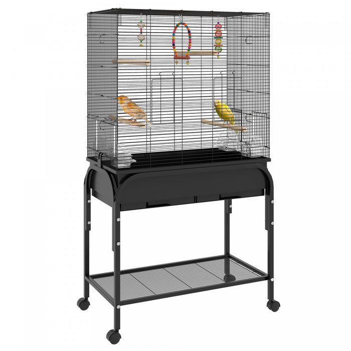 Pawhut 51\" Cage A Oiseaux Pour Perruches Canaris Pinsons Avec Support Roulant, Jouets, Noir