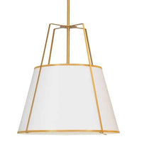 Luminaire suspendu Trapezoid de Dainolite avec abat-jour trapézoïde doré et blanc qui diffuse la lumière, tissu blanc et 4 ampoules