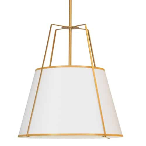 Luminaire suspendu Trapezoid de Dainolite avec abat-jour trapézoïde doré et blanc qui diffuse la lumière, tissu blanc et 4 ampoules