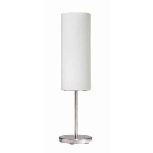 Lampe de table Paza de Dainolite en verre blanc givré, avec fini chromé satiné et 1 ampoule