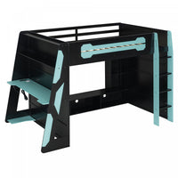  Olivia Lit mezzanine en bois avec bureau et etageres de rangement multiples, Lumiere RGB, Bleu