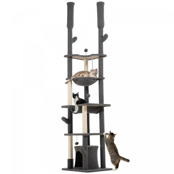 Pawhut Arbre A Chat Du Sol Au Plafond, Hauteur Reglable De 89 A 100 Po Pour Grands Chats Avec Griffoirs, Brosse De Toilettage, Abri Pour Chat, Perchoirs, Hamacs, Boules, Gris