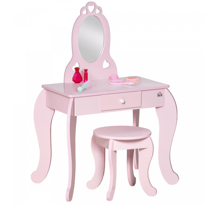 Qaba Ensemble De Coiffeuse Pour Enfants Avec Miroir Et Tabouret, Rose