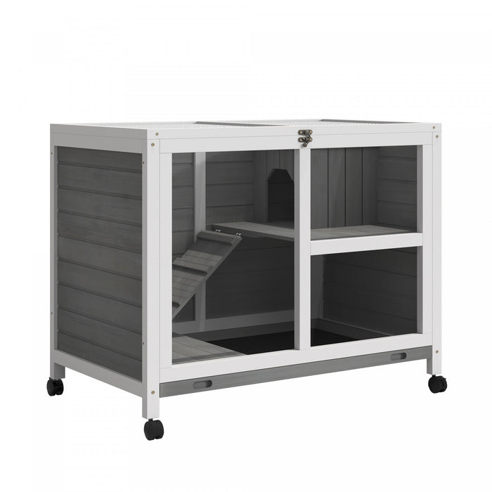 Pawhut Clapier De Lapin En Bois Massif Cage De Lapin Maison De Cochon D'inde A L'interieur Resistant A L'eau Avec Plateau Coulissant A Rampe Roues Pivotantes A 360 °,gris
