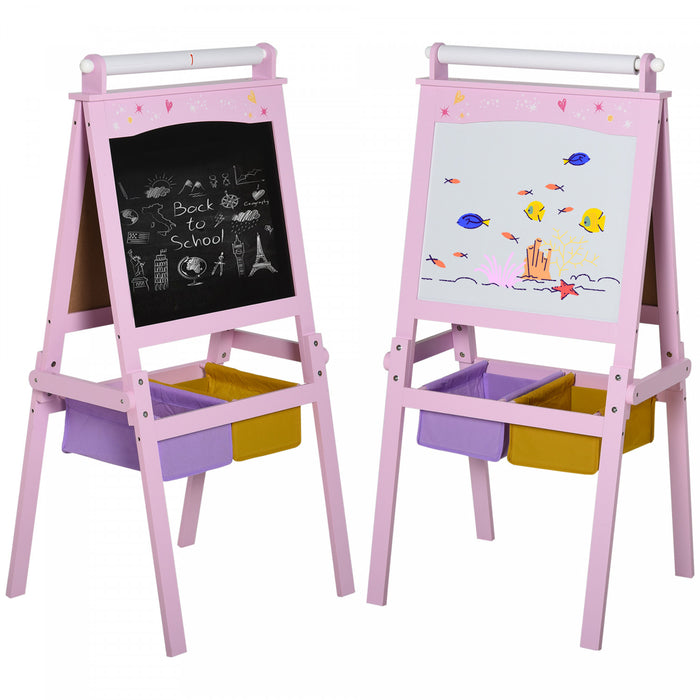 Qaba Chevalet D'art En Bois 3 En 1 Pour Enfants Avec Rouleau De Papier Tableau Noir Double Face Et Tableau Blanc Avec Paniers De Rangement Cadeau Pour Toute-petite Fille De 3 Ans Et Plus Rose