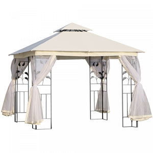 Outsunny 10' X 10' Tonnelle Pavillon Jardin Patio Terrasse Gazebo Auvent Abri D'exterieur Avec Double Toit Ventile, Moustiquaire Cadre En Acier Blanc