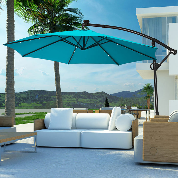 Costway Parasol deporte de patio de 10 pieds, alimente par energie solaire, LED, rotation a 360 degres, aluminium, turquoise
