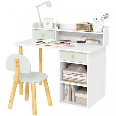 Qaba Kids Desk And Chair Set, 2 Pieces Kids Study Table And Chair Set For 3-8 Year Old, Writing Table For Bedroom, Study Room, With Storage And Shelves, Green