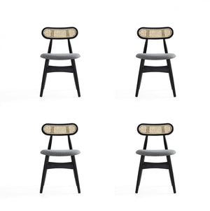 Chaise de salle a manger Colbert Industry Chic a dossier cannage en bois et assise rembourree, noir et gris - Lot de 4