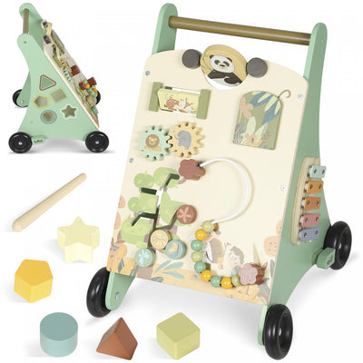 Qaba Wooden Baby Walker, Push Along Walker Toys with Speed Control, Montessori Learning Activity Centre with Xylophone, gears and Bead Maze for 18+ Months Boys Girls, Green