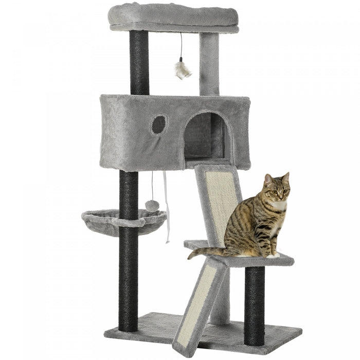 Pawhut 47\" arbre A Chat D'interieur, Centre D'activites, Tour Pour Chats Avec Rampe De Lit Chat Condo Hamac Suspension Balle Jouetcsisal Corde A Gratter, Gris Clair