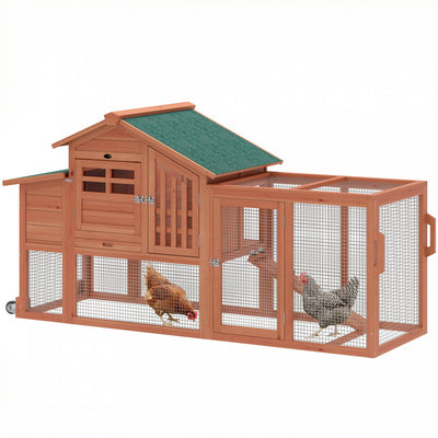 PawHut Chicken Coop with Run, Mobile Wooden Chicken House with Nesting Box, Roosting Bar, Ramp & Tray, Hen House Poultry Cage for 1-2 Hens, 74.8" L x 27.2" W x 38.2" H