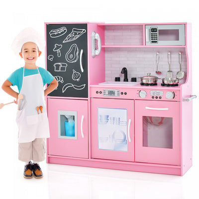 Costway Kid's Pretend Play Kitchen Toddler Kitchen Playset With Blackboard Pink