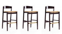 Tabouret de bar en bois rembourre style Klismos mi-siecle moderne, coloris camel - Lot de 3