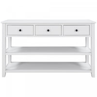  Console Wendy En Bois Massif Avec 3 Tiroirs Et 2 Etageres Ouvertes, Blanc Antique