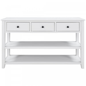Console Wendy En Bois Massif Avec 3 Tiroirs Et 2 Etageres Ouvertes, Blanc Antique