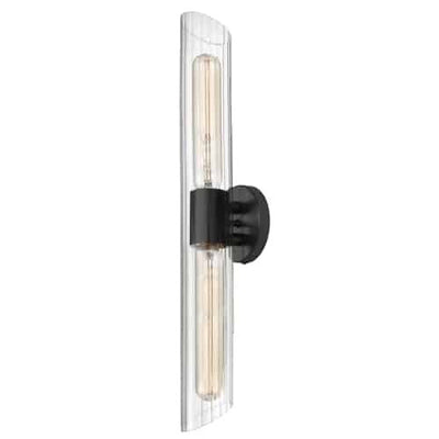 Dainolite Samantha 2 Light Vanity Light Tall Matte Black Clear Fluted Glass Lamp|Grande lumière de coiffeuse Samantha de Dainolite en verre cannelé transparent, avec fini noir mat et 2 ampoules