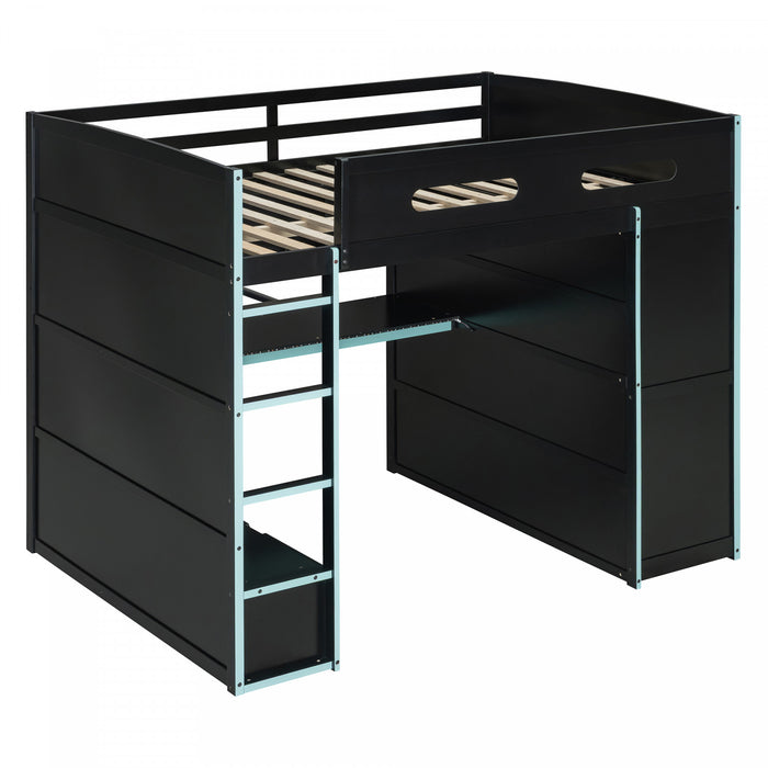 Jerry Lit mezzanine en bois avec bureau et rangement, Taille Double, Bleu