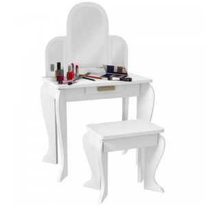 Qaba Ensemble Coiffeuse Et Chaises Pour Enfants, Coiffeuse Pour Filles, Bureau De Maquillage Avec Tiroir Pour Enfants De 3 A 6 Ans, Blanc