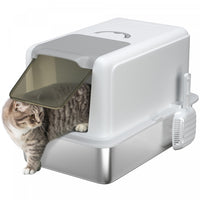 Pawhut Bac A Litiere Pour Chat En Acier Inoxydable Avec Couvercle Amovible, Bac A Litiere Extra Larg