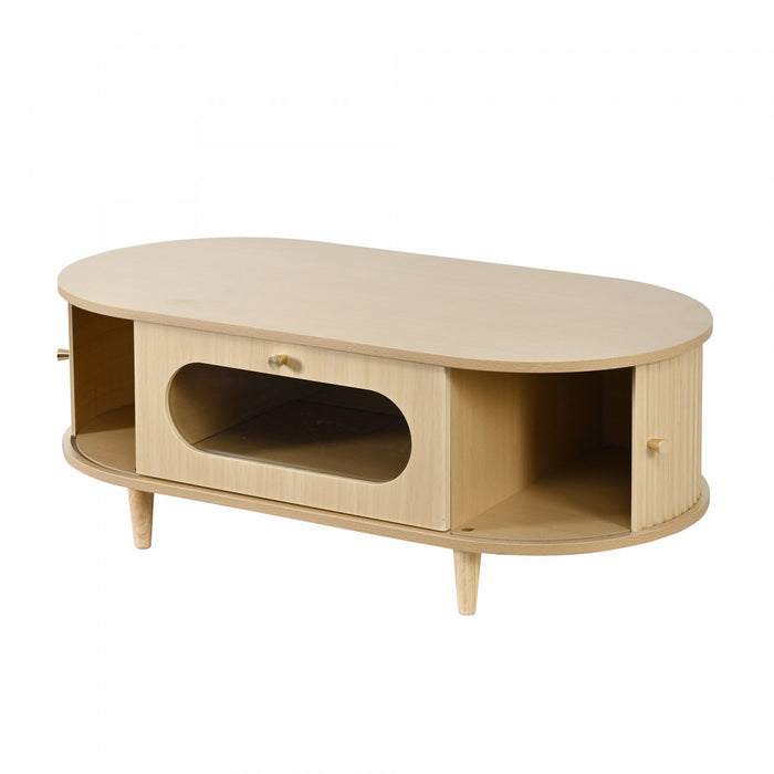 Grain Table Basse Noyer 39.3 po avec Porte Enroulable et Tiroir Acrylique, Noyer Naturel
