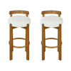Elise – Lot de 2 tabourets de bar modernes a assise ronde en bois d’hevea avec dossier incurve de soutien et revetement en sherpa, couleur blanche