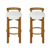 Elise – Lot de 2 tabourets de bar modernes a assise ronde en bois d’hevea avec dossier incurve de soutien et revetement en sherpa, couleur blanche