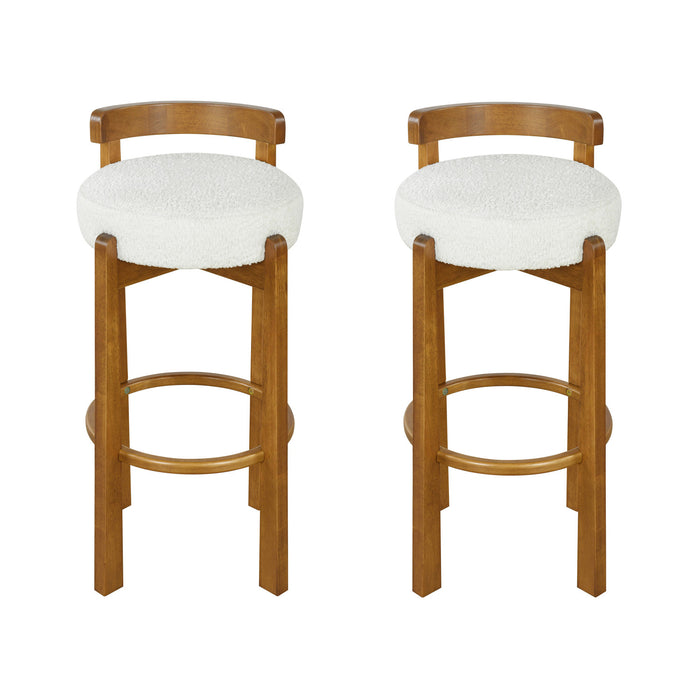 Elise – Lot de 2 tabourets de bar modernes a assise ronde en bois d’hevea avec dossier incurve de soutien et revetement en sherpa, couleur blanche