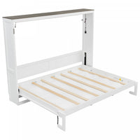 Lit escamotable Olivia en bois massif avec lumiere LED et armoire pliante, taille queen, blanc