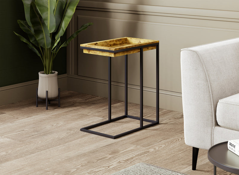 Table de bout en forme de C avec plateau encastré - bois recyclé brun avec métal noir