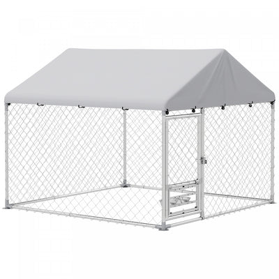 Pawhut Outdoor Dog Kennel With Roof, Heavy Duty Dog Run Outdoor Fence Cage With Adjustable & Rotating Bowls, Waterproof Uv-resistant Cover, Secure Lock, 6.6' X 6.6' X 5.1'