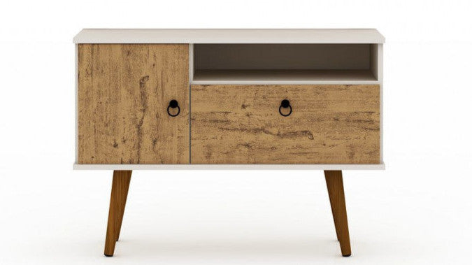 Meuble pour téléviseur Tribeca de Manhattan Comfort de 35,43 po de style moderne du milieu du 20e siècle avec pattes en bois massif - blanc cassé et naturel