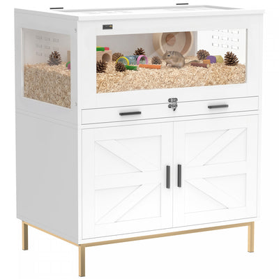 PawHut Hamster Cage with Storage Cabinet, Guinea Pig Cage with Pull Out Drawer and Acrylic Panels, Ventilated Small Animal Habitat for Bunny, Hedgehog, Gerbil, 30" x 19.5" x 36"
