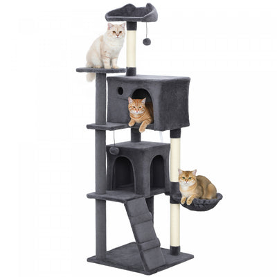 PawHut Cat Tree, 63 Inch Multi-Level Large Cat Tower with Sisal Scratching Posts, Condos, Plush Perches, Hammock, Ladder, Dangling Balls, for Indoor Kittens, Dark Grey