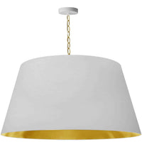 Très grand luminaire suspendu Brynn de Dainolite avec abat-jour blanc et doré, fini laiton vieilli et 1 ampoule