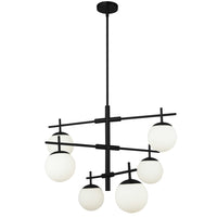 Lustre Caelia de Dainolite en verre blanc opale, avec fini noir mat et 6 ampoules