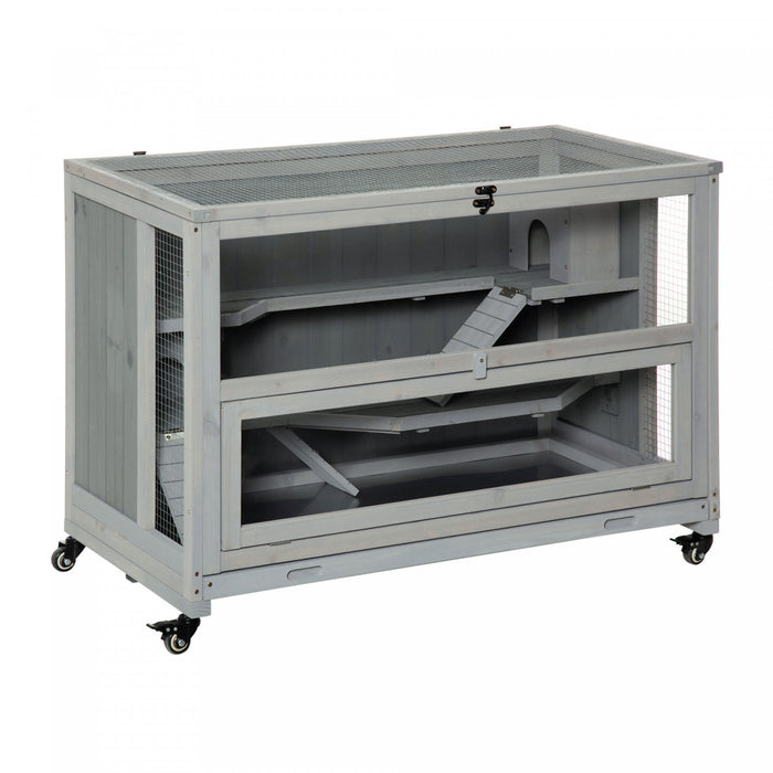 Pawhut Cage En Bois Extra Large Pour Hamster Et Aire De Jeux Avec 3 Echelles Et 2 Cabanes, Cage Pour Petits Animaux Pour Hamster Syrien Et Nain, Roues, Plateau Coulissant, Gris Clair